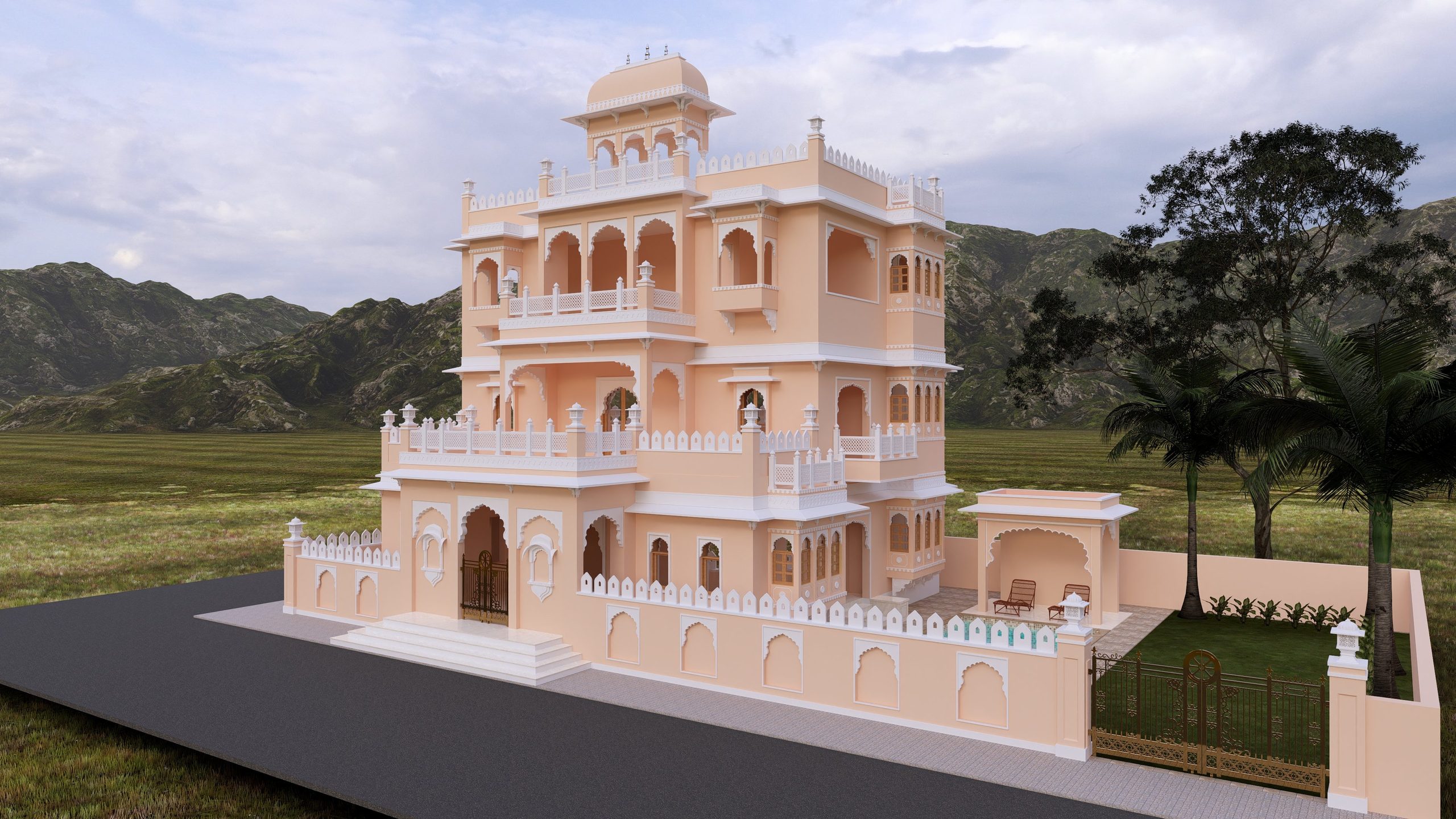 Carved sandstone haveli in the hills, designed by Mejahaus Architects Udaipur