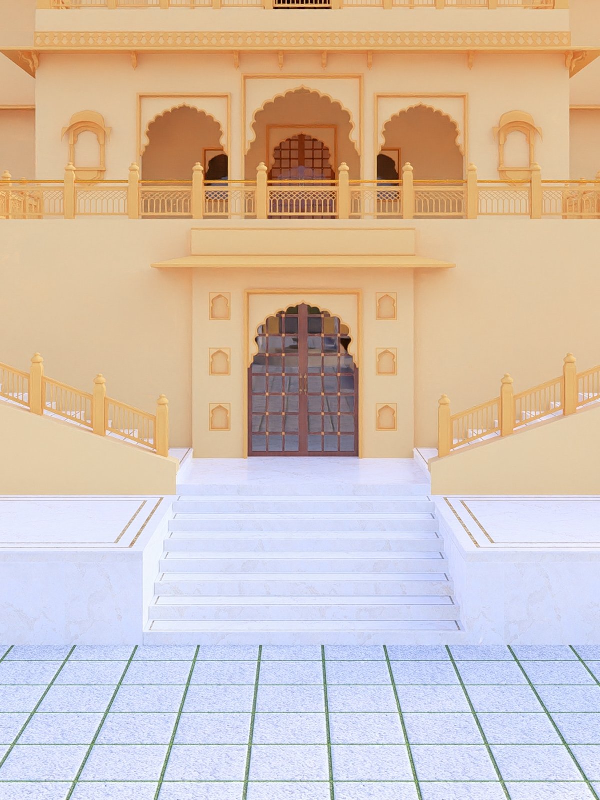 Golden arched hallway — luxury heritage interior design in Udaipur